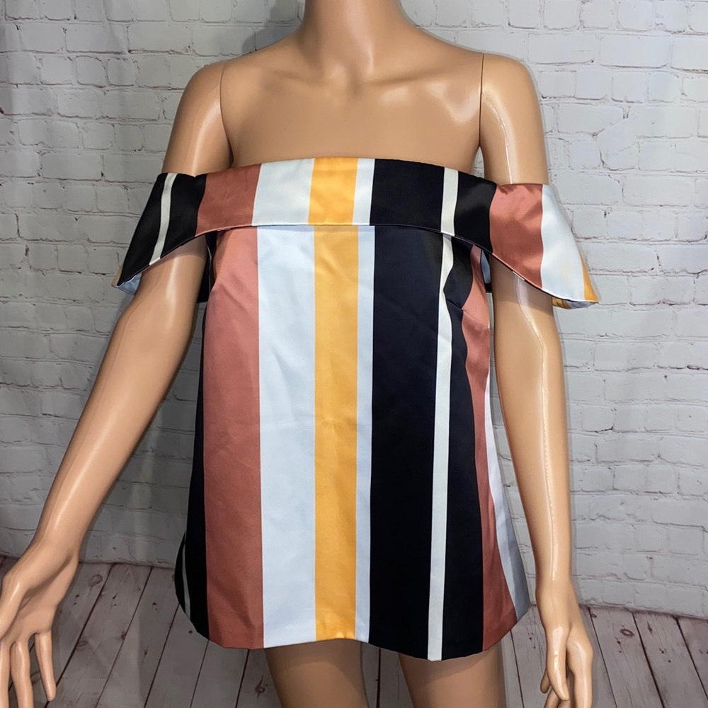 ASOS Off-Shoulder Vertical Stripe Satin Top in Black, White, Yellow, Rust